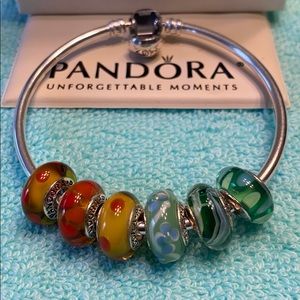 PANDORA 925 STERLING BANGLE BRACELET& 6 CHARMS